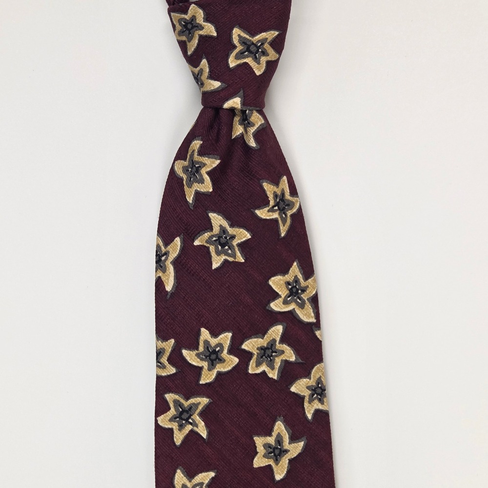 Bugatti Burgundy Gold Star Floral Tie 100% Italian Silk Made USA